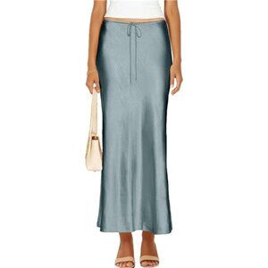 Womens Satin Maxi Skirts Flared A-Line Light Blue